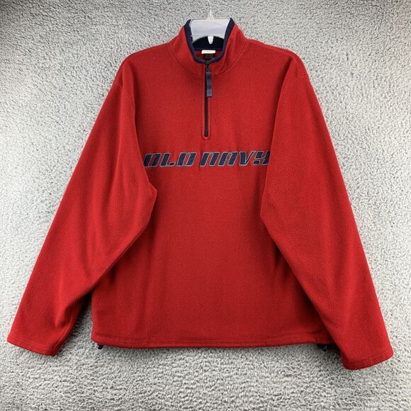 Old Navy Men's Fleece Sweater Sz Large Red Embroidered Logo Quarter Zip Pullover - Picture 1 of 13
